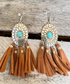 Southern Grace Cowgirl Turquoise Concho Brown Dangle Tassel Earrings