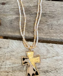Southern Grace You Can't Cross Me Double Beaded Leopard Gold Cross Pendant New Arrivals