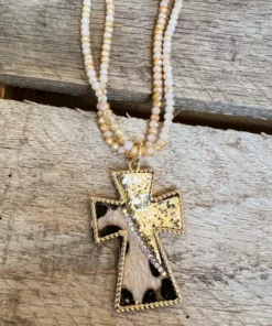 Southern Grace You Can't Cross Me Double Beaded Leopard Gold Cross Pendant New Arrivals