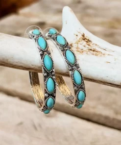 Southern Grace Darlin Please Turquoise Rock Silver Hoop Earrings