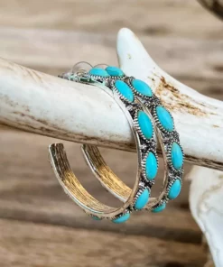 Southern Grace Darlin Please Turquoise Rock Silver Hoop Earrings