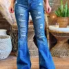 Special A High Rise Boot Cut Distressed Jeans In Medium Blue