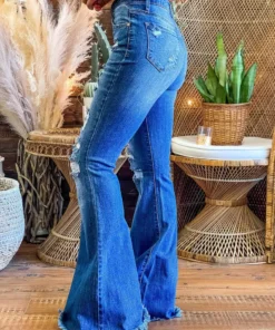 Special A High Rise Boot Cut Distressed Jeans In Medium Blue