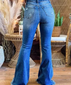 Special A High Rise Boot Cut Distressed Jeans In Medium Blue