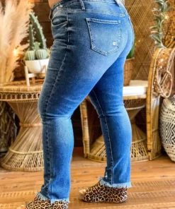 Special A Mid Rise Straight Leg Distressed Jeans In Medium Blue