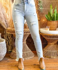 Special A Summer Fever Collection Mid Rise Relaxed Skinny Distressed Jeans In Light Blue