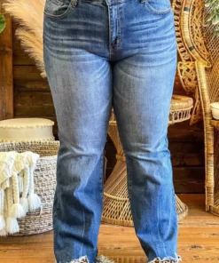 Special A Mid Rise Boot Cut Distressed Jeans In Medium Blue