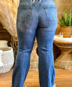 Special A Mid Rise Boot Cut Distressed Jeans In Medium Blue