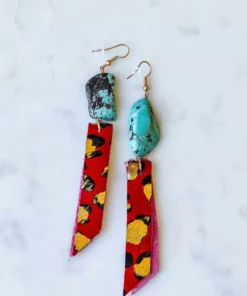 Your Fashion Wholesale Accessories Hot Pink Leopard Earrings With Gold Leaf And Turquoise