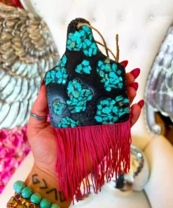 Southern Custom Designs New Arrivals Turquoise Stone Cow Tag With Pink Fringe Freshie