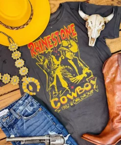 Country Deep Clothing Rhinestone Cowboy 80s Distressed Tee