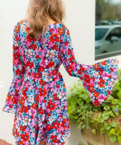 D & J Industies Co., LTD. Floral Fever — Bell Sleeve Floral Dress In Red New Arrivals