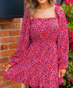 D & J Industies Co., LTD. New Arrivals All Squared Away — Spring Floral Dress In Red