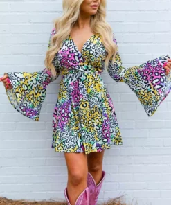 D & J Industies Co., LTD. New Arrivals Famous Like Lisa — Bell Sleeve Dress In Multicolor Leopard