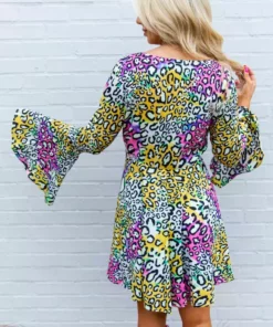 D & J Industies Co., LTD. New Arrivals Famous Like Lisa — Bell Sleeve Dress In Multicolor Leopard