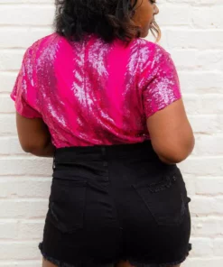 D & J Industies Co., LTD. Pre-Orders PREORDER Hell On Heels Cap Sleeve Bodysuit - Hot Pink Sequin