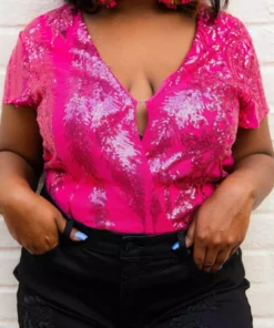 D & J Industies Co., LTD. Pre-Orders PREORDER Hell On Heels Cap Sleeve Bodysuit - Hot Pink Sequin