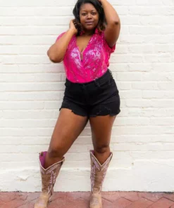 D & J Industies Co., LTD. Pre-Orders PREORDER Hell On Heels Cap Sleeve Bodysuit - Hot Pink Sequin