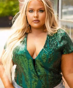 D & J Industies Co., LTD. PREORDER Hell On Heels Cap Sleeve Bodysuit - Emerald Sequin Pre-Orders