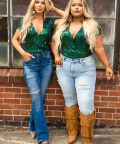 D & J Industies Co., LTD. PREORDER Hell On Heels Cap Sleeve Bodysuit - Emerald Sequin Pre-Orders