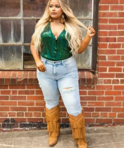 D & J Industies Co., LTD. PREORDER Hell On Heels Cap Sleeve Bodysuit - Emerald Sequin Pre-Orders