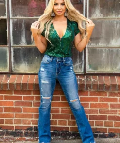 D & J Industies Co., LTD. PREORDER Hell On Heels Cap Sleeve Bodysuit - Emerald Sequin Pre-Orders