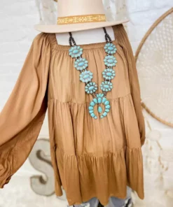 Peach Love CA Square Neck Balloon Sleeve Dress - Camel Sale!