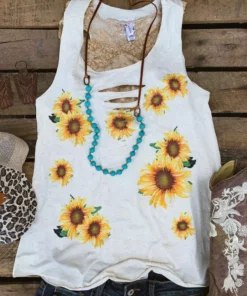 Bling-A-Gogo Sunflowers Tank - Natural