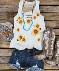 Bling-A-Gogo Sunflowers Tank - Natural