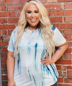 Vocal Tops Tie Die Laser Cut Short Sleeve Top With Bling - Blue & White