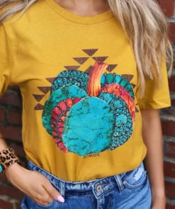 Miss Mud Pie Tees Turquoise Pumpkin Tee - Mustard