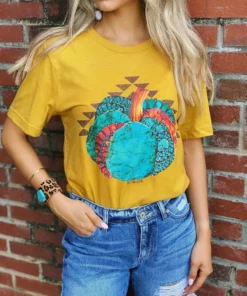 Miss Mud Pie Tees Turquoise Pumpkin Tee - Mustard
