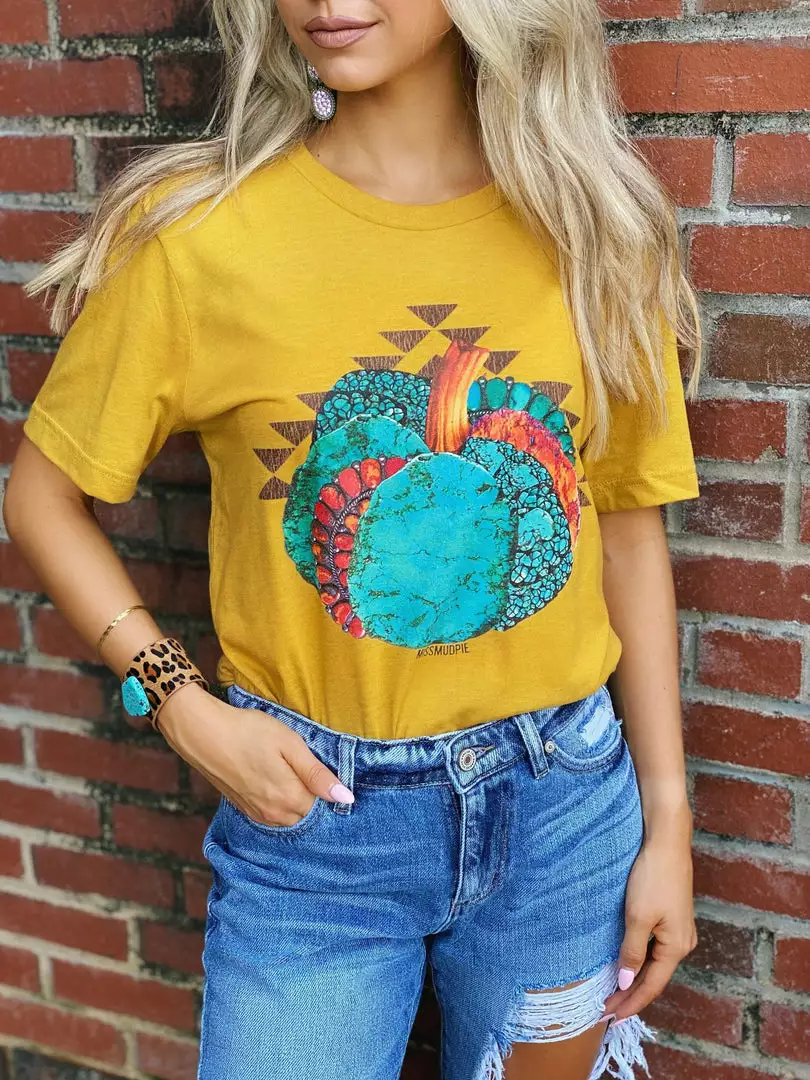 Miss Mud Pie Tees Turquoise Pumpkin Tee - Mustard