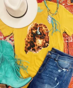 4B Custom Designs LLC Where The Buffalo Roam Tee - Mustard Clothing