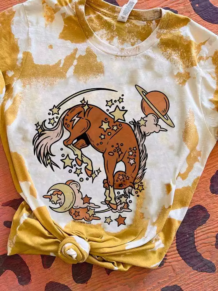 Miss Mud Pie Cosmic Horse With Stars Mustard Bleach T-shirt New Arrivals