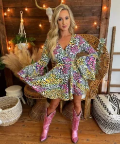 D & J Industies Co., LTD. New Arrivals Famous Like Lisa — Bell Sleeve Dress In Multicolor Leopard